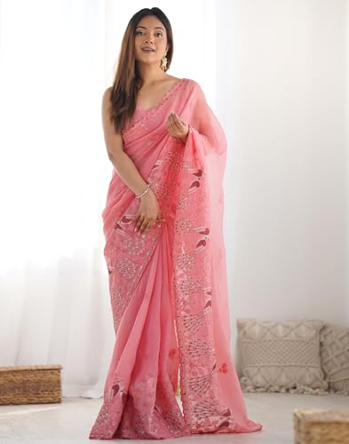 Image of SIRIL Women's Silk Blend Sequence Embroidery Saree With Unstitched Blouse Piece for Wedding and Parties