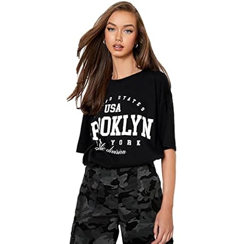 Womens Brooklyn T Shirt Ladies Oversized Baggy Fit Short Sleeve Slogan Tee Tops (26, Black) Cover