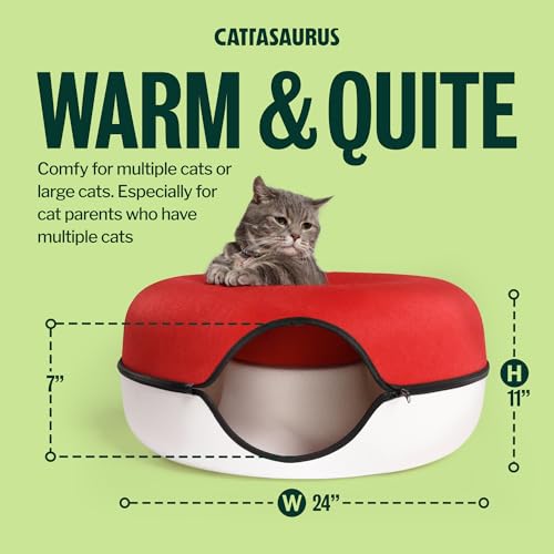 Image of Cattasaurus Peekaboo Cat Cave Donut for Multiple & Large Cats up to 30-45 lbs, 3-in-1 Self Warming Cat Bed, Tunnel & Scratcher for Indoor Cats, Washable & Detachable Dog Bed (Ruby Snowball, Large)