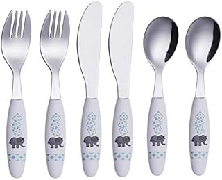 Exzact Children's Cutlery Stainless Steel 6pcs Set/Kids Cutlery/Toddler Utensils/Flatware - 2 x Forks, 2 x Safe Dinner Knives, 2 x Dinner Spoons (Elephant x 6)