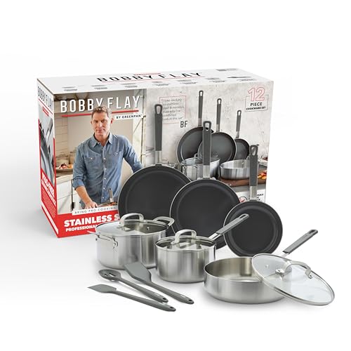 GreenPan x Bobby Flay Stainless Steel 12 Piece Cookware Pots & Pans Set, Professional Grade Tri-Ply, Multiclad, PFAS-Free Ceramic Nonstick, Induction Suitable, Dishwasher & Oven Safe,Stay Cool Handles