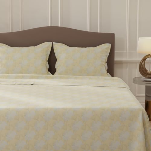 Image of Layers 100% Cotton Bedsheet for Double Size Bed | Lumina Floret Collection | 144 TC Soft & Breathable | Floral Print with 2 Pillow Covers | Wrinkle Free | 3 Piece Bedding Set - Yellow & Grey