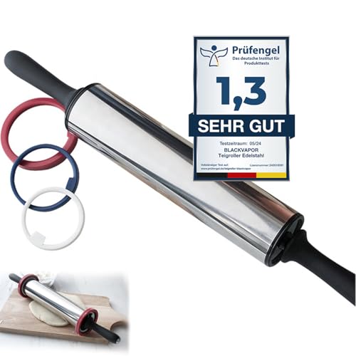 BLACKVAPOR® Nudelholz Edelstahl für Profis - garantiert die besten Ergebnisse - Premium Teigroller mit Abstandshalter - spülmaschinenfest - ermöglicht müheloses Ausrollen von Teig