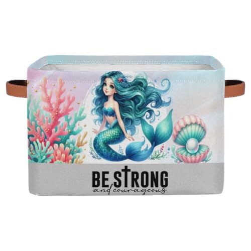 Storage Baskets with Handles, Cute Mermaid Coral Shell Storage Cube Rectangular Fabric Collapsible Toy Storage Bin Organizer for Closet Shelf Laundry Nursery Kids Bedroom, 15x11x9.5 In