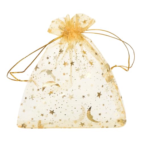 QUARKZMAN Bolsa de Organza, 9 x 12cm Bolsas de Regalo con Corón, con Patrón de Estrella, Bolsitas Regalos Pequeñas para Fiesta, Joyas, Dulces, Bodas Dorado 50Pcs