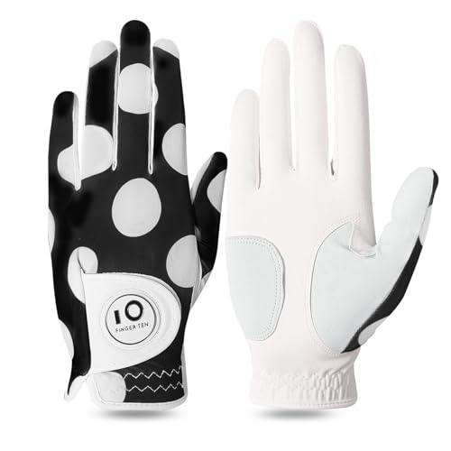 FINGER TEN Golfhandschuh Damen Linke Hand Rechte Mit Ball Marker Allwetter Leder Griff Mode Bedruckter Golf Handschuh Links Rechts Weicher Komfort Passform (Weißer Punkt M-Links)