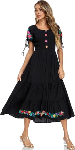 Image of Women's Summer Maxi Dress Casual Floral Embroidered Round Neck Short Sleeve Ruffle Tiered Dress Flowy Boho Beach Sundress