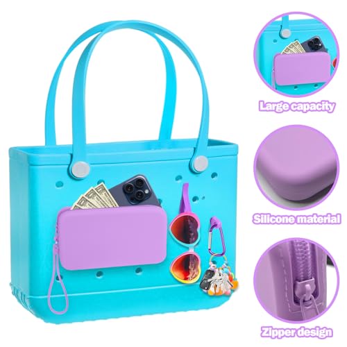 Image of Mity rain Silicone Wallet for Bogg Bag Phone Holder | Accessories Set for Bogg Bag Contain 2PCS Key Holder and Large Capacity Silicone Zipper Bag for Beach Bags Tote Bag (Purple)