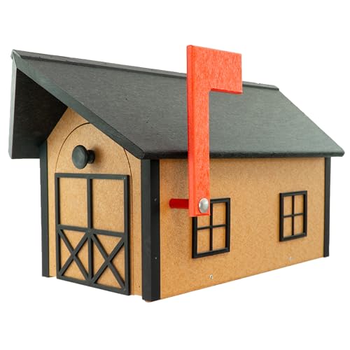 DutchCrafters Large Farmhouse Mailbox, Durable Plastic Barn Mailboxes for Outside, Post Mount Mail Box with Flag, Barnhouse Style - Amish Made in America (Black and Cedar)