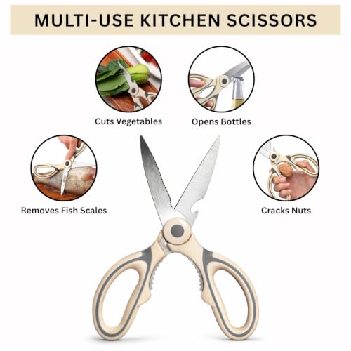 Image of Amazon Brand - Solimo Multipurpose Kitchen Scissors Smooth Plastic Handle Heavy Duty Scissor For Home Use Craft Work Tailoring Cutting Cream 9x21 cm Pack Of 1