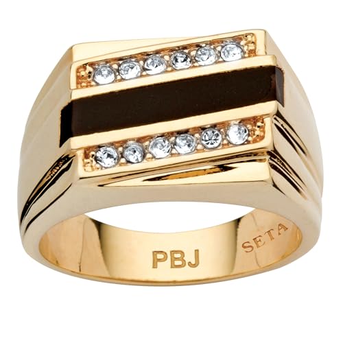 PalmBeach Men's Yellow Gold-Plated Emerald Cut Natural Black Onyx and Round Crystal Ring Sizes 8-13