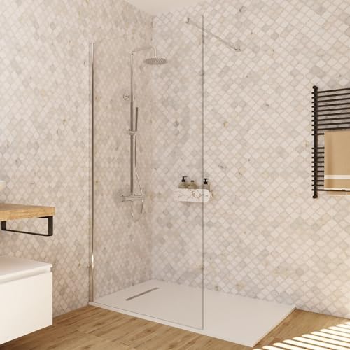 BAIKAL Mampara de Ducha. Panel Fijo de 100cm. Perfil Cromado Brillo. Cristal Transparente Templado 8mm de espesor. Tratamiento Antical. Alto 195 cm. Brazo adaptable 60-100cm.