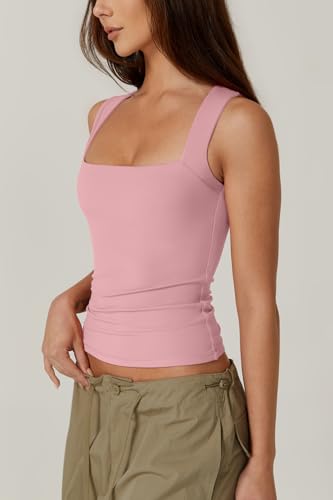 Image of QINSEN Women's Square Neck Sleeveless Double-Layer Tank Tops Basic Tight T Shirts