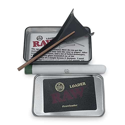 Raw Pre Rolled Cone Loader: 1-1/4 Size, King, & 98 Special Mess Free Perfect Cone Packer – 5 Piece Kit – Static Free Scoop Card, Funnel, & Packing Tool, Rawthentic Tin, Green Blazer Tube #TOP6