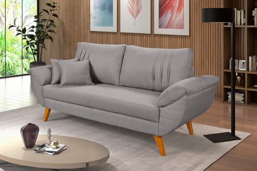 Essencial Estofados, Sofa Retro 3 Lugares Linho Almofadas Soltas Pes em Madeira Cor: Cinza