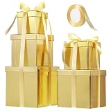 Cholemy 5 Pcs Square Nesting Boxes Decorative Gift Boxes with Lid and Ribbon Assorted Sizes Wrap for Wedding, Halloween, Thanksgiving, Christmas, Anniversary, Birthday, Bridal Party(Shiny Gold)