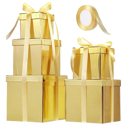 Cholemy 5 Pcs Square Nesting Boxes Decorative Gift Boxes with Lid and Ribbon Assorted Sizes Wrap for Wedding, Thanksgiving, Christmas, Anniversary, Birthday, Bridal Party(Shiny Gold)