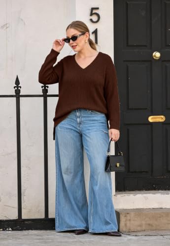 Image of RITERA Plus Size Women Sweaters Waffle Knit Pullover Top Long Sleeve Casual Crewneck Shirt Loose Split Hem Fall Winter Blouse