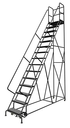 Image of Tri-Arc KDSR115246-D3 15-Step 30 inch Deep Top Steel Rolling Industrial & Warehouse Ladder with Handrails, 24 inch Wide Perforated Tread