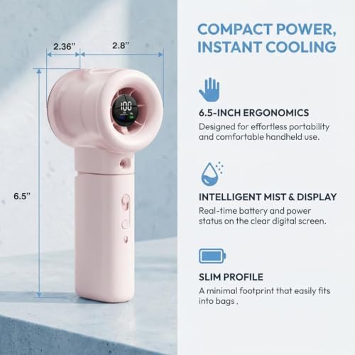 Image of Sevenaire Handheld Portable Fan with Mist, Hand fan for summer, High Speed & LED Display - Personal Fans Portable Rechargeable, 16000 RPM Turbo Mini Fan for Travel, Outdoor, Home, Office (Pink)