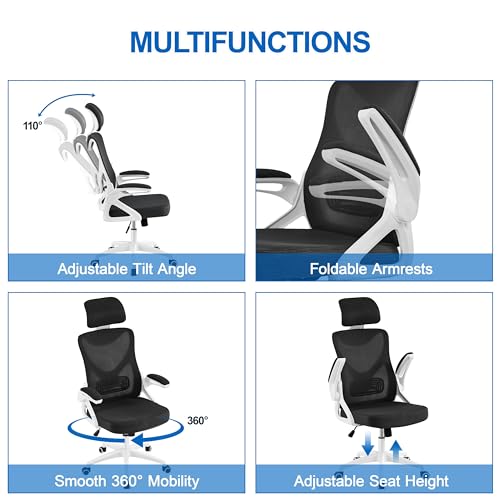 Image of Yaheetech Ergonomic Office Chair with Headrest, Lumbar Support, White /Black | Breathable mesh high-back adjustable headrest, padded seat, and flip-up armrests supports your back and neck, holds 300lb