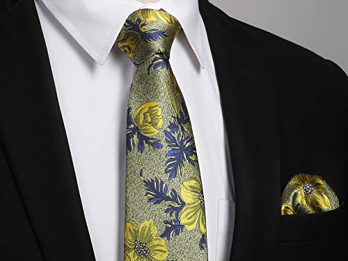 Image of HISDERN Men Floral Ties Woven Classic 3.4 inch Necktie Set Formal Tie Pocket Square for Wedding with Handkerchief Gift Box