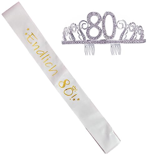 jenich 2er Set 80. Geburtstag Schärpe und Tiara Weiß Geburtstag Schärpe Geburtstag Krone 80 Geburtstagskrone Prinzessin Kristall Krone Schärpe für 80. Geburtstag Geschenke Partyzubehör
