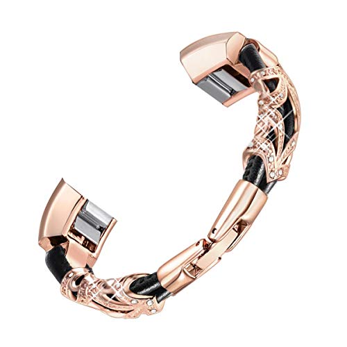 bayite Leather Bands Compatible with Fitbit Alta and Alta HR, Metal Clasp Leather Cord Wristband with Rhinestone Bling, (Rose Gold with Rhinestone, 6.7