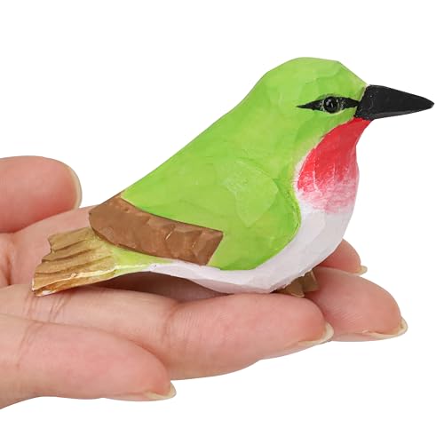 Wooden Hummingbird Figurine, Hand-Carved Ruby-Throated Green Miniature Bird Sculpture, Wooden Mini Handmade Ornament, Small Wildlife Nature-Inspired Rustic Art Collectible for Gift, Home, Garden Decor