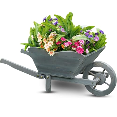 rightclick Wooden Wheelbarrow Planter, Large Rustic Garden Planter for Plants, Patio, Garden Ornaments Outdoor Plant Pots, Flower & Vegetable Planters Outdoor (W69 x H28 x D32cm)