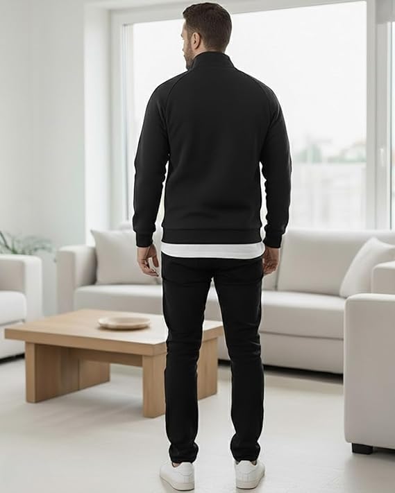 Image of Men's Quarter Zip Pullover Sweater with Contrast Stripe, Long Sleeve Athletic Casual Sweatshirt for Winter Wear, Black
