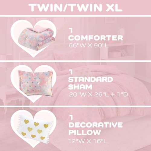 Image of Intelligent Design Twin Comforter Set, 3 Piece Metallic Hearts Bedroom Set for Girls, Twin Bed Set Soft Plush Comforter, Rosalie All Season Fluffy Bedding Set, Twin /Twin XL, Pink Multi /Gold 3 Piece