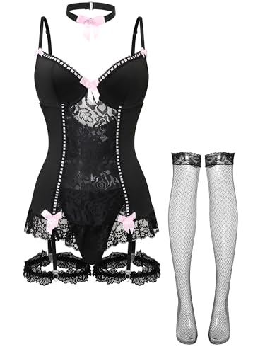 Lilosy Sexy Stocking Garter Belt Bows Floral Lace Babydoll Corset Push Up Teddy Lingerie Set with Panty Women Ruffle Boudoir Outfit Mesh Sheer Bodysuit See Through 5 Piece Black M - Thumbnail 5