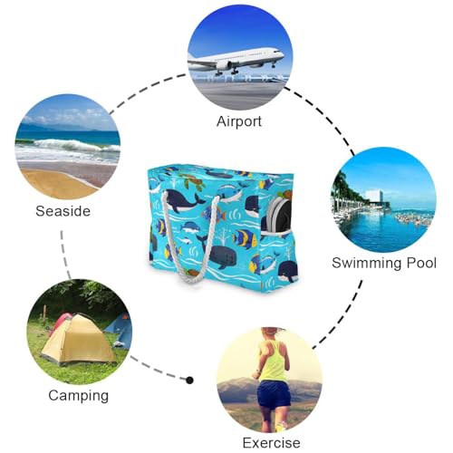 Ocean Whale Turtle Fish Blue Sea Portable foldable beach bag for travel with zipper tote bags for women Travel Essentials Beach Gifts Birthday Gifts for Women4