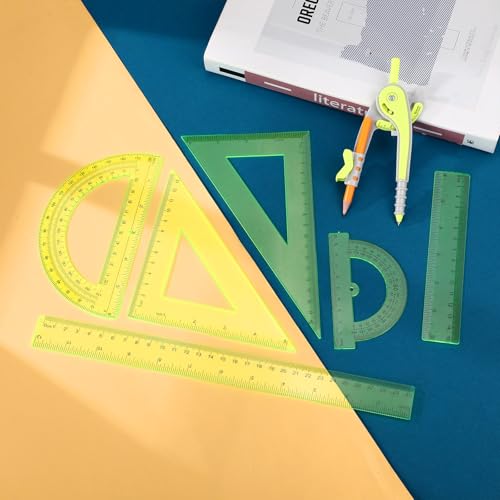 Zonon 1 Set Plastic Geometry Math Set 7 Pcs Includes 6'' / 4 '' Protractor, Drawing Compass, 45/60 Degree Triangle Rulers, 12'' / 6'' Math Ruler Transparent for Office Supplies(Yellow) - Image 4