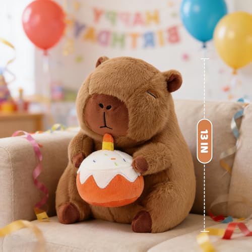 Image of Cute Capybara Plush with Cake - 13-inch Kawaii Capybara Stuffed Animal Pillow Soft Stuffed Plush Toy - Capybara Party Decoration Birthday Gifts for Kids Adult