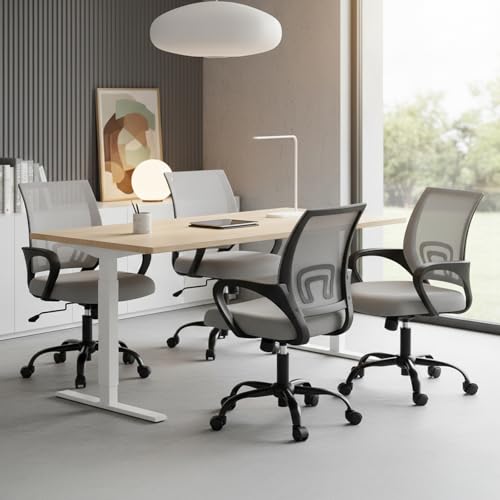 Image of DUMOS Home Office Chair - Ergonomic Mid Back Mesh Desk Chair with Lumbar Support & Rocking Mode, Height Adjustable with Fixed Armrest, for Computer, Gaming, Meeting, Grey, 2 Pack