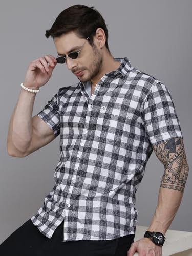 Image of Majestic Man Men Slim Fit Pure Cotton Checkred Half Sleeve Casual Shirt