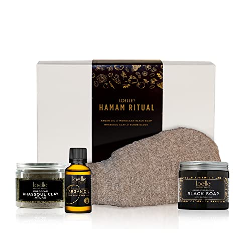 Loelle Rituel Hammam Coffret Cadeau d’Anniversaire pour Elle et Lui - Comprend Huile d'Argan 30 ml, Savon Noir Marocain 200g, Argile Rhassoul 220g et Gant de...