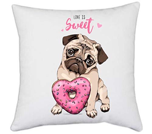 UDNAG White Polyester 'Pug & Doughnut | Pug with Pink Heart Doughnut' Pillow Cover [16 Inch X 16 Inch]