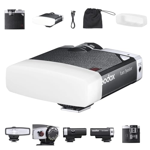 Godox Lux Junior-Flash retrò per fotocamera,Speedlite GN12 6000 K +-200 K CCT,modalità automatica e manuale 1/1-1/64,lunghezza focale 28 mm per fotocamere Canon Nikon Sony Fuji Olympus Hot Shoe,Nero