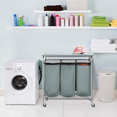 Hollyhome Laundry Sorter Cart With Foldable Ironing Board With Removable 3 Bags Laundry Hamper Sorter Blue Grey #TOP2