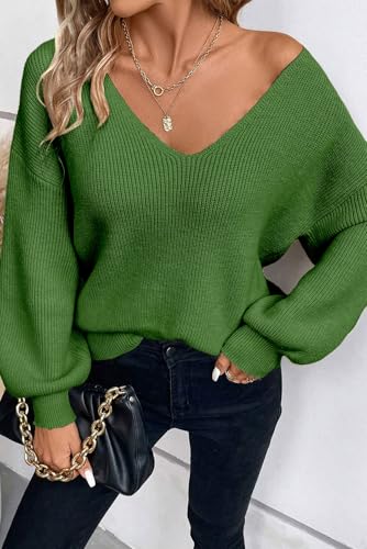 Image of Womens Off Shoulder Bow Back Sweater Sexy Loose Fit Deep V Neck Knit Tops | Backless, Lantern Long Sleeves, Ribbed Knit, Lightweight, Fall Winter Outfit, Party, Halloween, Christmas, New Year's Eve