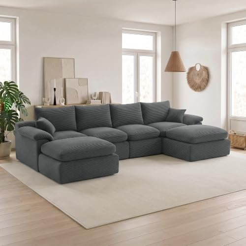 Image of 133 inch Cloud Sectional Couch, Boneless Couches for Living Room, Gray | U shaped, Modular Sectional Sofa with Deep Seat & Convertible Ottoman, Built for Family Life, Apartments & Living Rooms