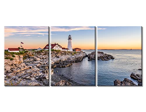 TUMOVO Portland Maine Bay Lighthouse Pictures for Living Room Native American Wall Art House Decorations 3 Panel Canvas, Morning Skyline Painting Modern Artwork Framed Ready to Hang, 12"x16"x3 Panels