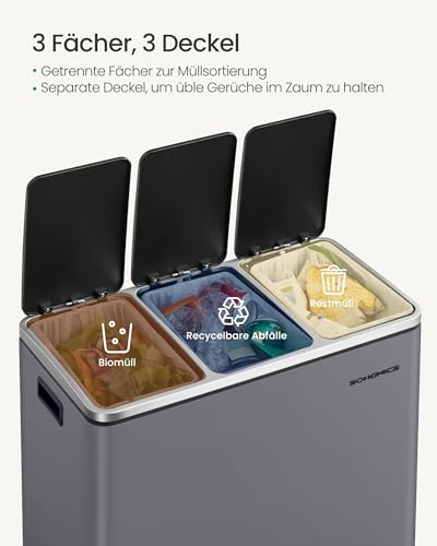 SONGMICS Mülleimer Küche, 3 x 18 L, Mülltrennsystem 3 Fächer, inklusive 15 Müllbeutel, Abfalleimer, Treteimer, für recycelbare Abfälle, Biomüll, mit Deckel, mattgrau LTB054G01