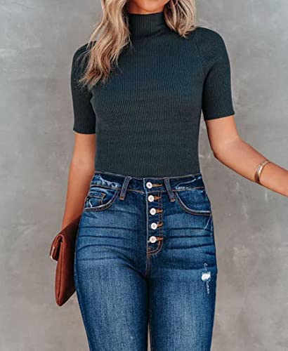 Image of Lacozy Women Casual Short Sleeve Shirt Basic Mock Neck Top Slim Fit Ribbed Knit Pullover Sweater