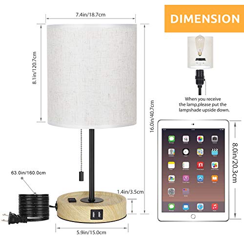 Haitral Wooden Usb Lamp-Bedside Lamp With Dual Usb Port And Outlet, Dual Usb Table Lamp With Pull-Chain Switch Table Lamp For Bedroom, Living Room, Dorm, Farmhouse- 1 Pack #TOP1