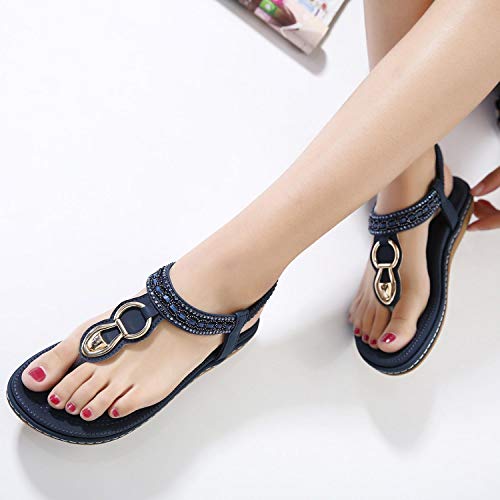 Shibever Summer Sandals For Women Ankle T-Strap Thong Elastic Casual Bohemian Beach Flats Shoes Flip Flops Sandals Navy Blue 10.5 #TOP5