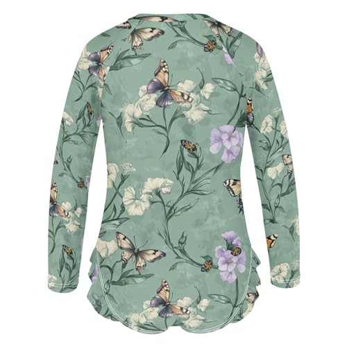 Cute Phlox Sage Green Girls Swimsuit Long Sleeve Sun Protection Swimming Suits Bathing Suits for Kids 5-6T3